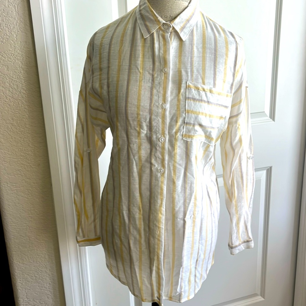 EUC Anthropologie Love Notes yellow & white striped button down striped top SM